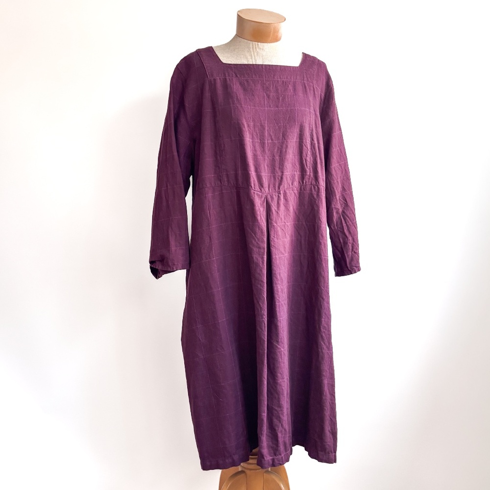 Gudrun Sjoden Organic Cotton Linen Purple Windowpane Dress Pockets XL Lagenlook